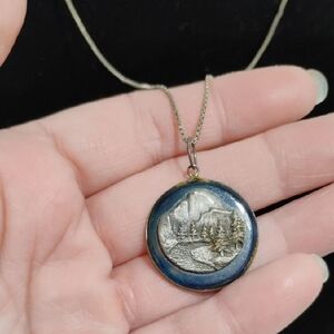 RARE! Vintage Elegant Blue Scenic Mountains Charm & 925 Sterling Silver Necklace